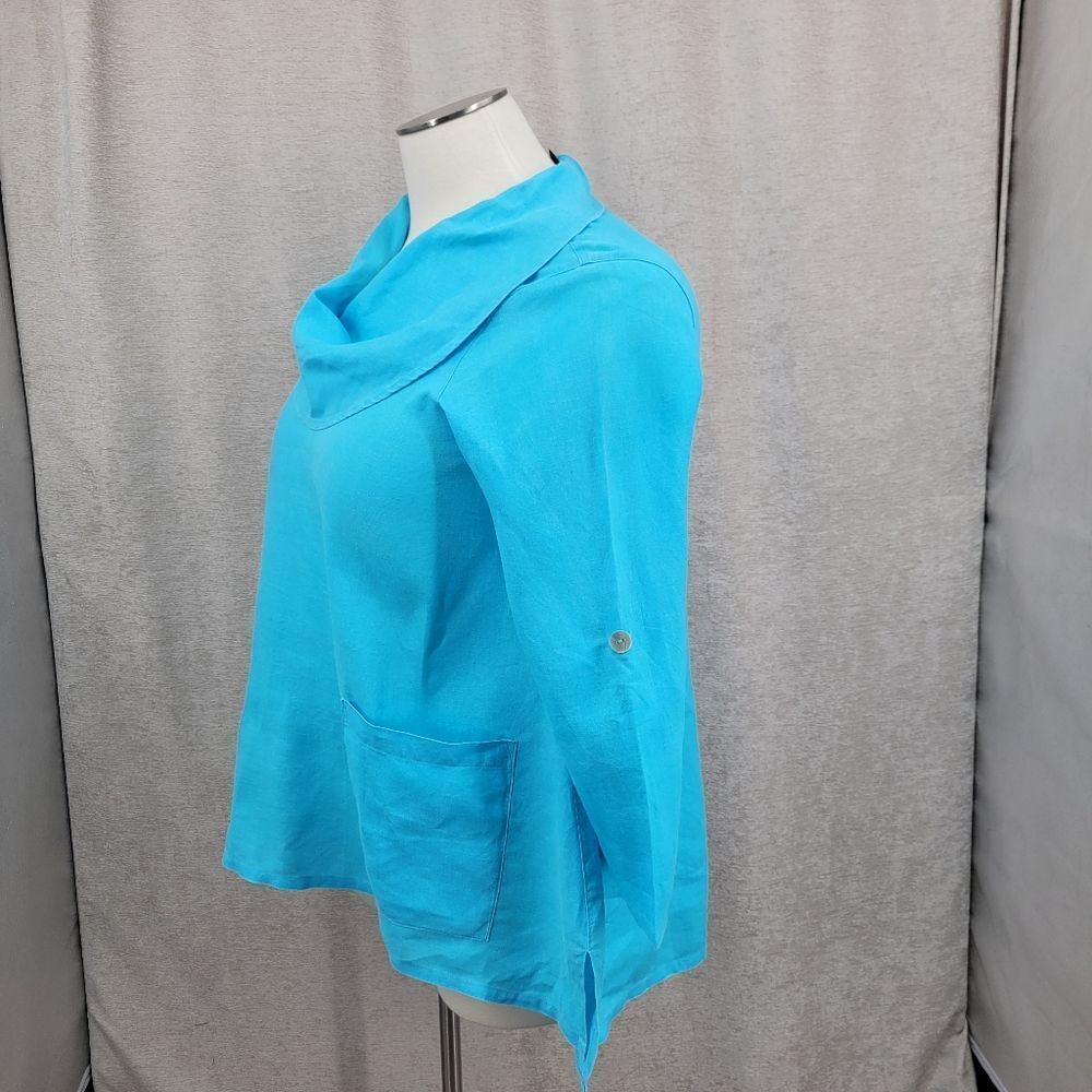Ali Miles Linen Blue Cowl Neck Tunic Women's Top Roll Tab Sleeves - Picture 3 of 12